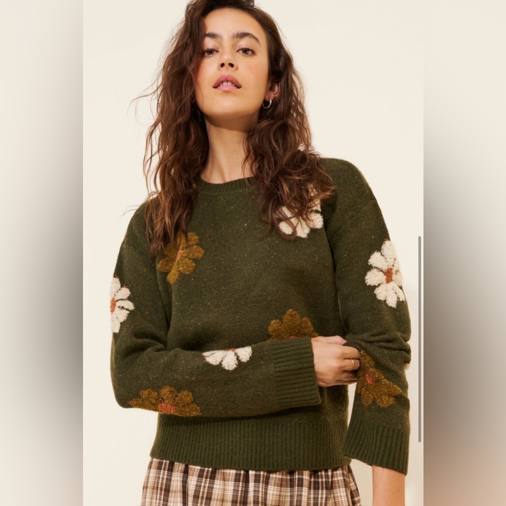 En Ella Floral Crew Neck Sweater - Green
